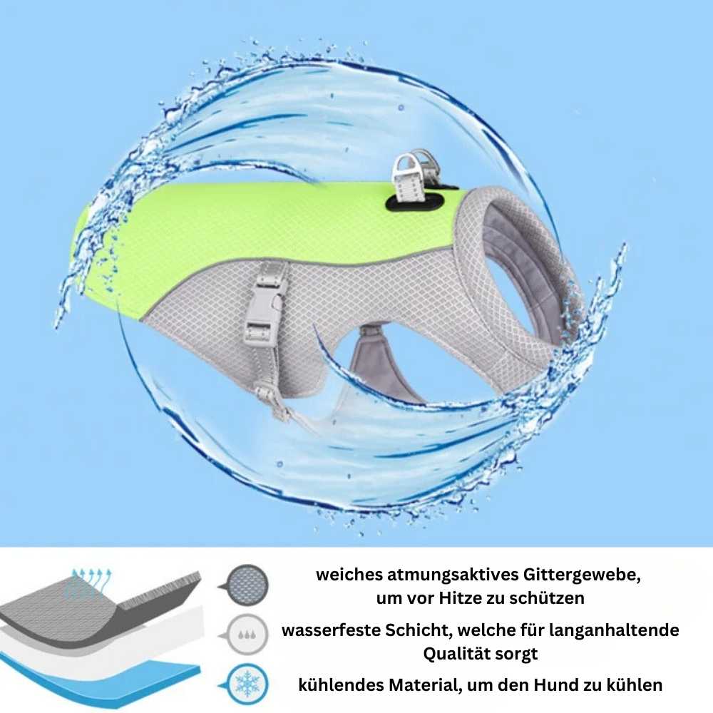 Kühlweste für Hunde sorgt durch weiches atmungsaktives Gittergewebe für eine Kühlung. Die mittlere wasserfeste Schicht, sorgt für langanhaltende Qualität. Die untere Schicht besitzt kühlendes Material, um den Hund zu kühlen.
