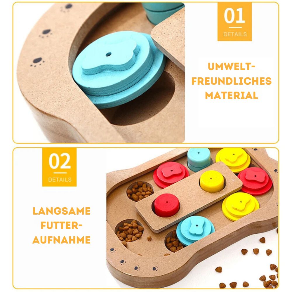 Das Intelligenzspielzeug besteht aus umweltfreundlichem Holz und fördert die langsame Futteraufnahme.